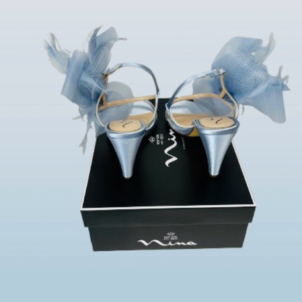 Nina Women Sheryl Almond Toe Dress Sandals 9.5 M Icy Blue Crystal Satin/Feather - Picture 10 of 16